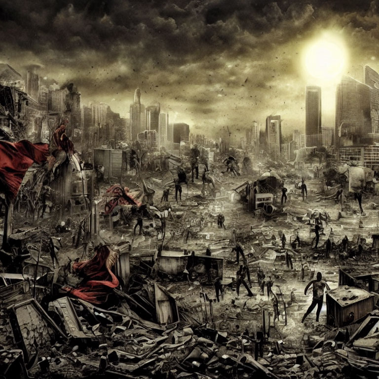 Desolate post-apocalyptic cityscape with debris and survivors.