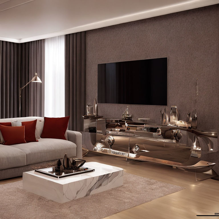 Contemporary living room with grey sofa, marble table, metallic unit, and flat-screen TV