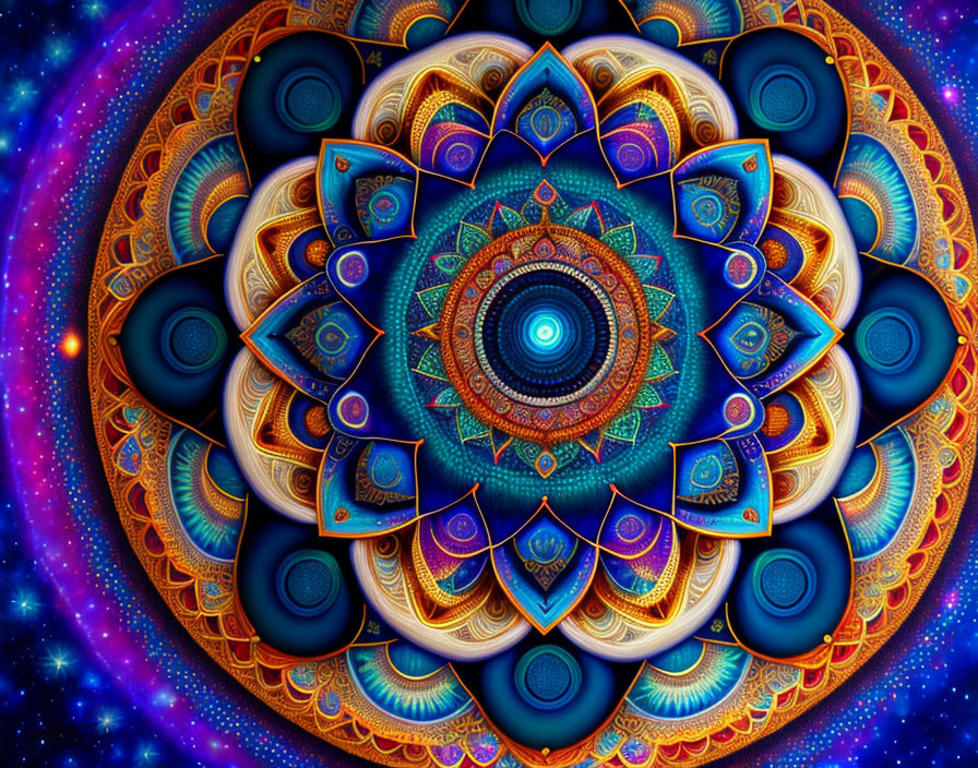 Colorful digital mandala with intricate patterns on cosmic background in blues, purples, and gold