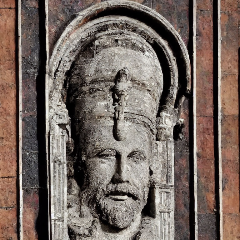 Stone Relief Carving of Bearded Male Figure in Arched Niche