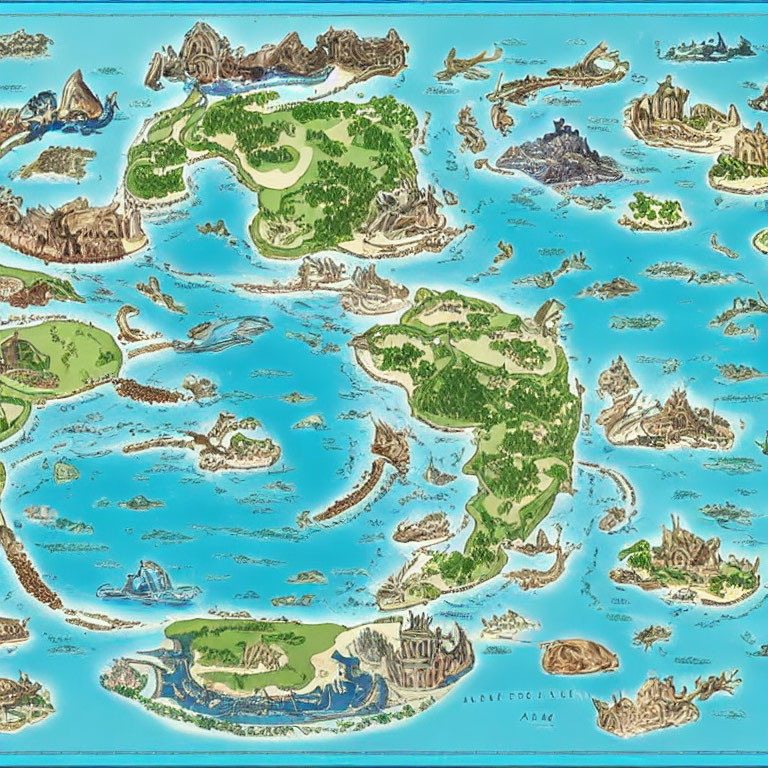 Fantasy map with colorful islands and structures in vast ocean