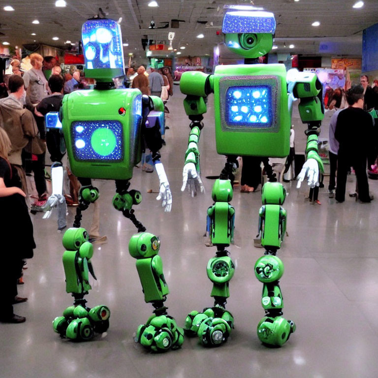 Green Robots with Digital Faces and Segmented Limbs Displayed in Crowded Room