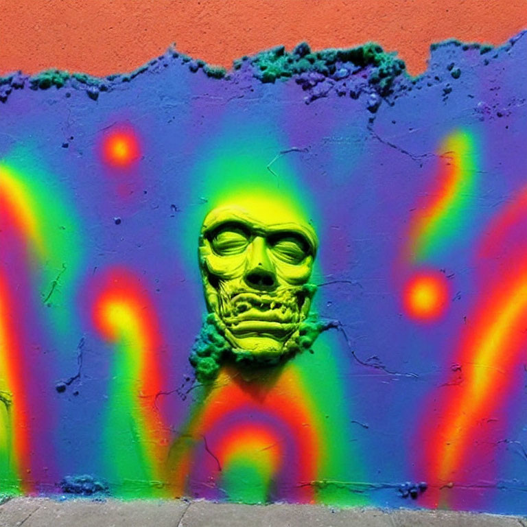 Colorful 3D skull street art on peeling wall