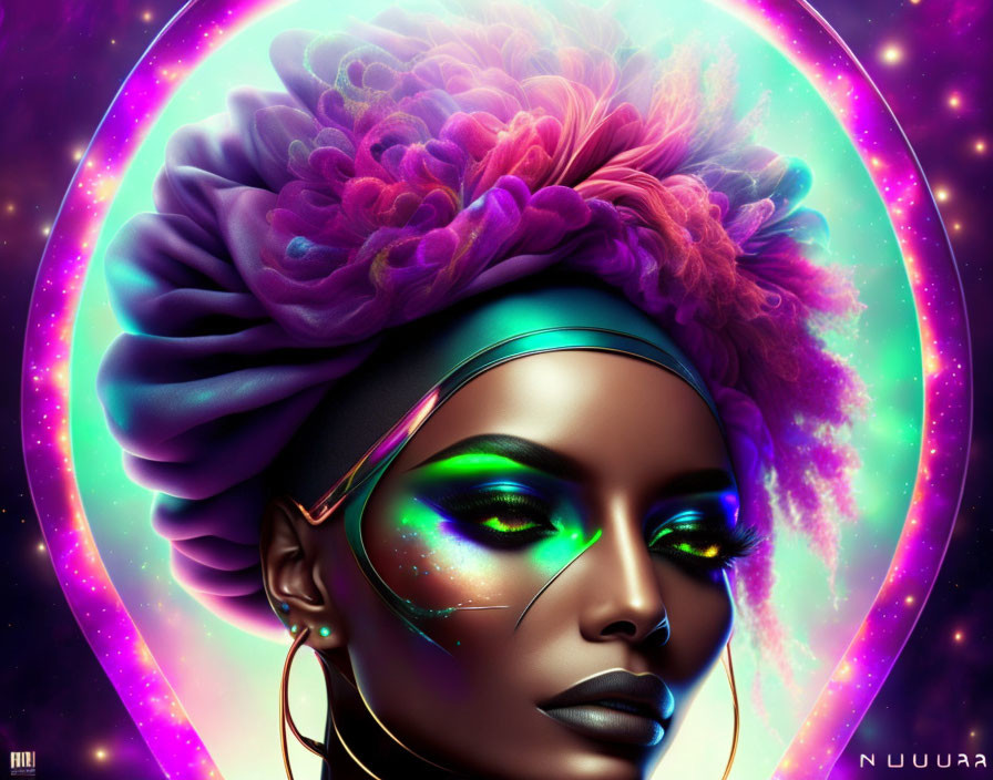 Colorful digital artwork of woman with cosmic makeup and headwrap in starry space.