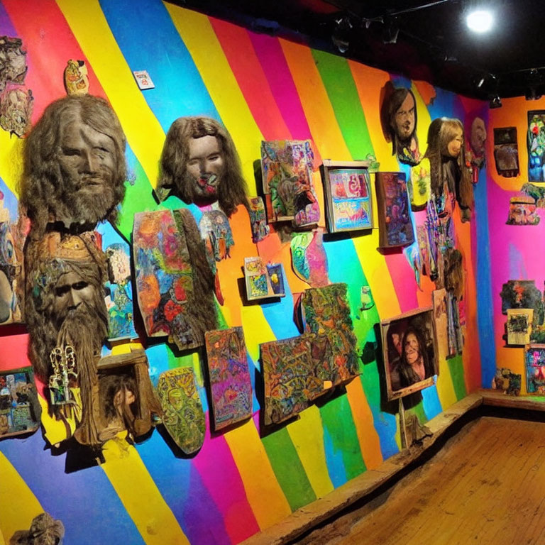 Vibrant rainbow-striped art gallery with paintings and unique masks