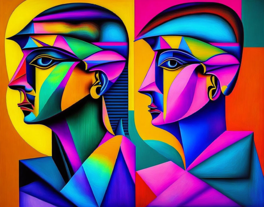 Abstract Cubist Artwork: Two Multi-Colored Faces on Orange and Blue Backgrounds