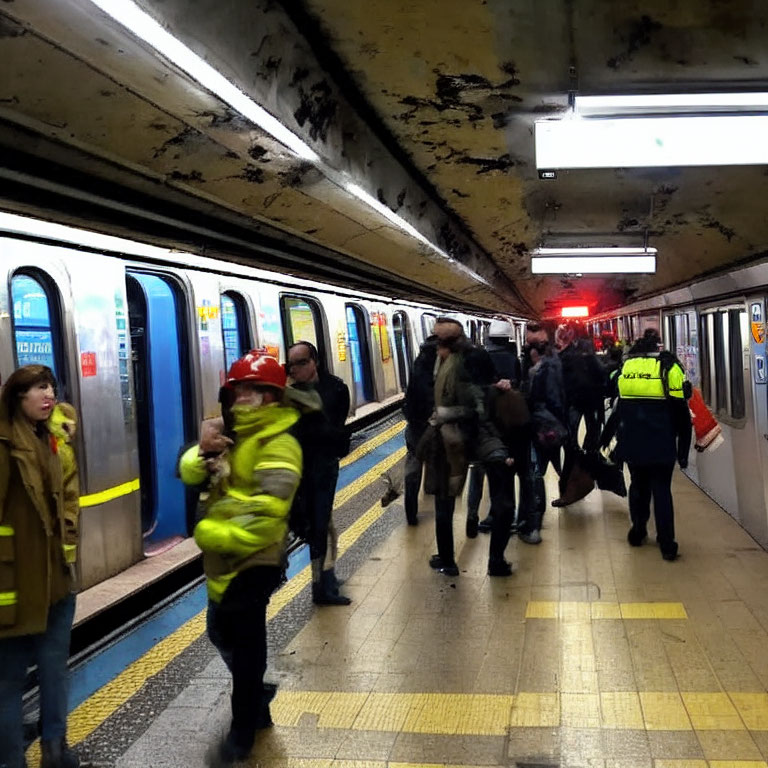 Subway station commuters with workers in high-visibility jackets