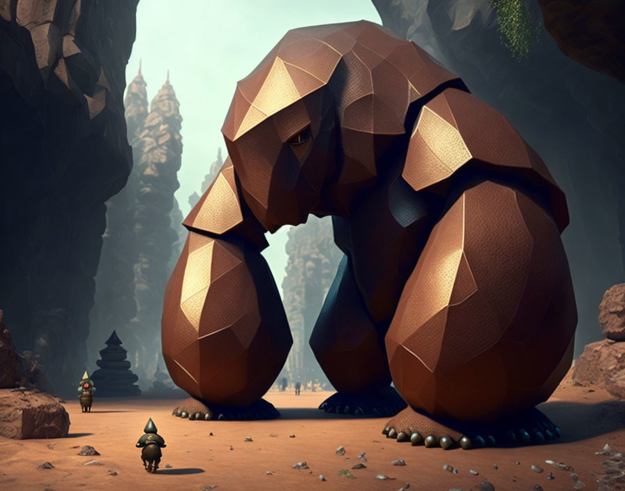 Geometrically-patterned creature in canyon with small figure