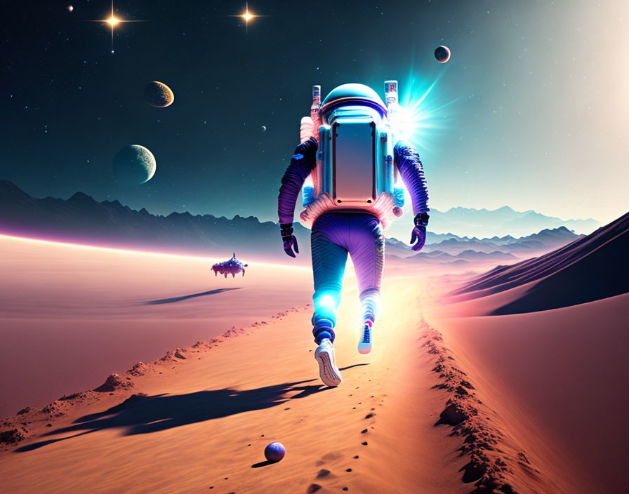 Astronaut in glowing suit on alien planet with multiple moons and floating drone