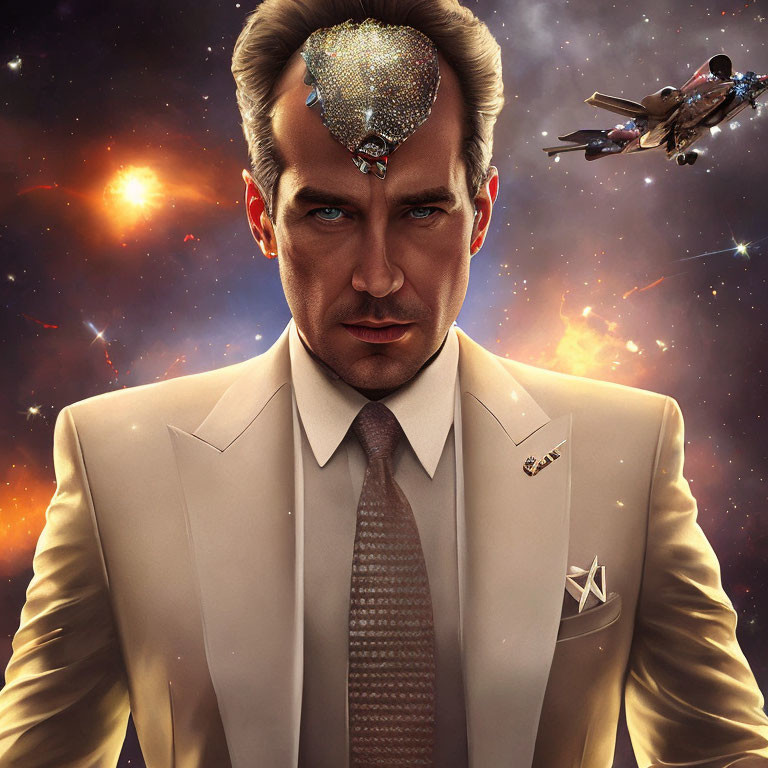 Man with electronic half-face in beige suit amid space battle