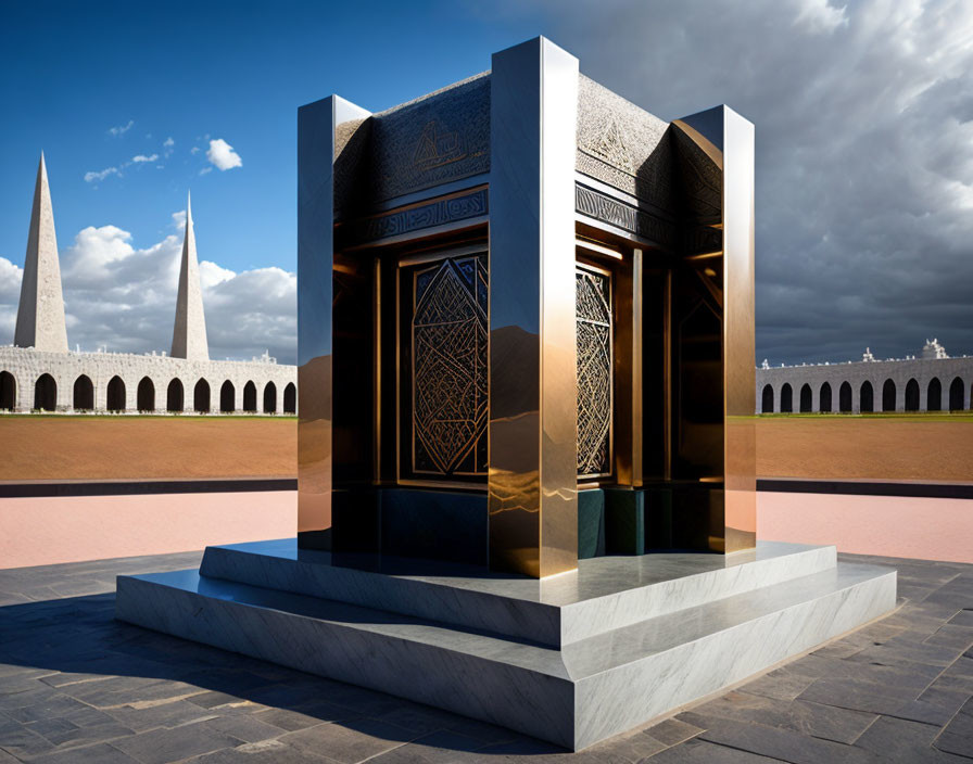 Modern Monument with Gold and Black Panels and Historic Wall under Blue Sky