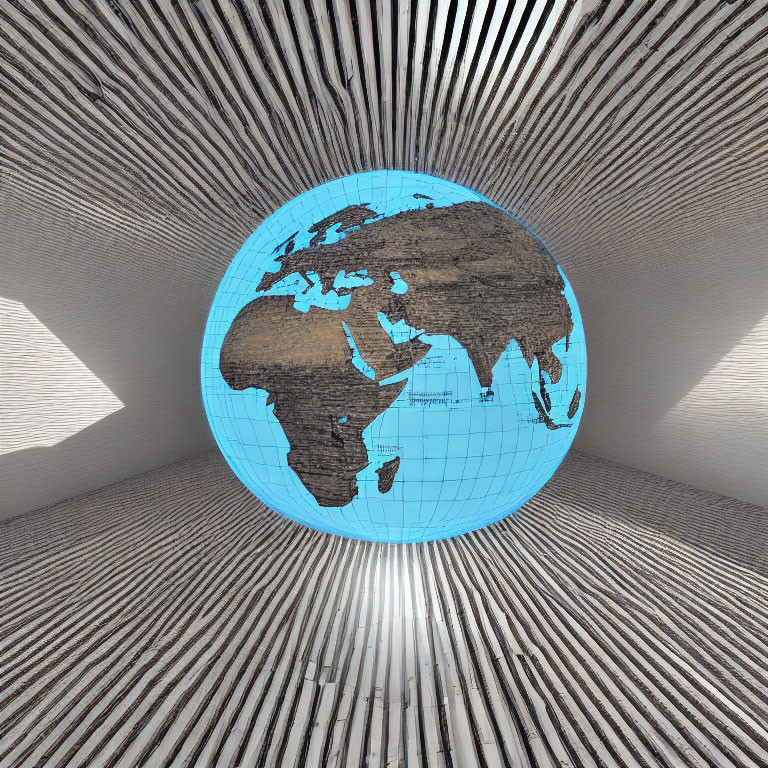 Blue and Brown 3D Globe in Cylindrical Room with Textured Walls