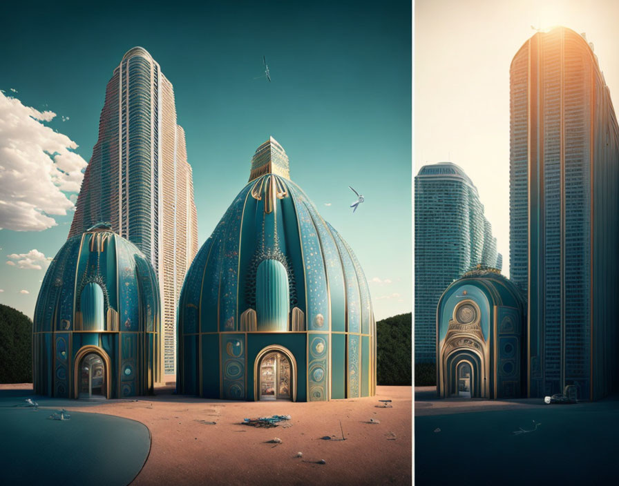 Ornate dome-shaped structures in desert with futuristic skyscrapers