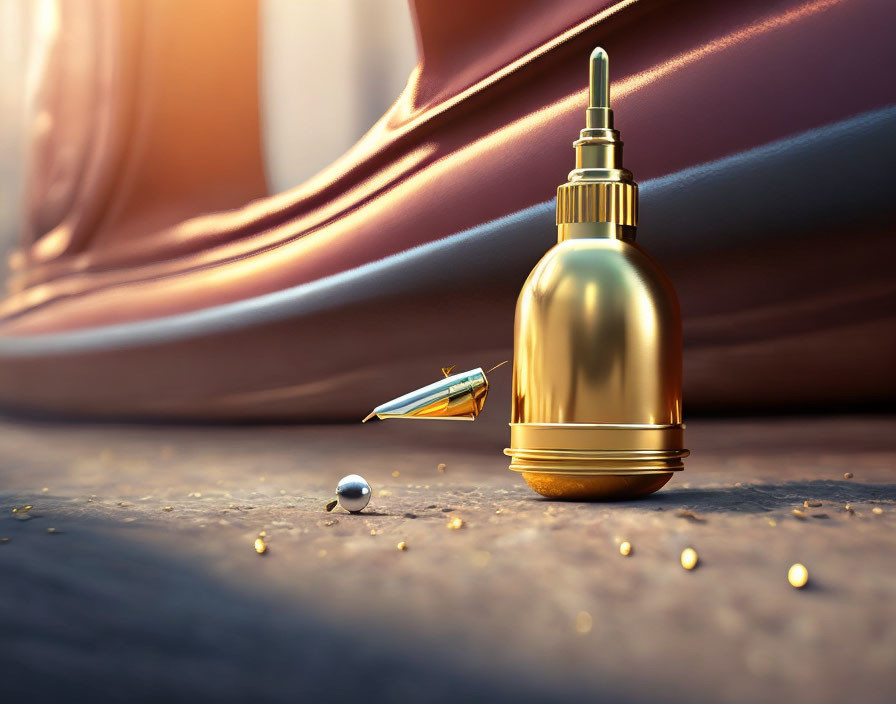 Golden perfume bottle and pearl in warm sunlight on soft background