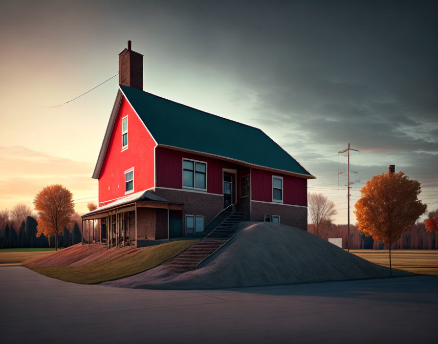 Red Two-Story House with Chimney and Porch in Tranquil Field at Dusk