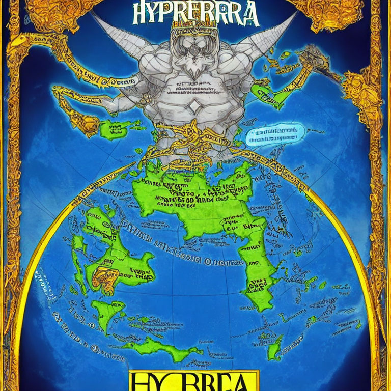 Fantasy map "HYPERBOREA" in circular frame with dragons, winged figure, and