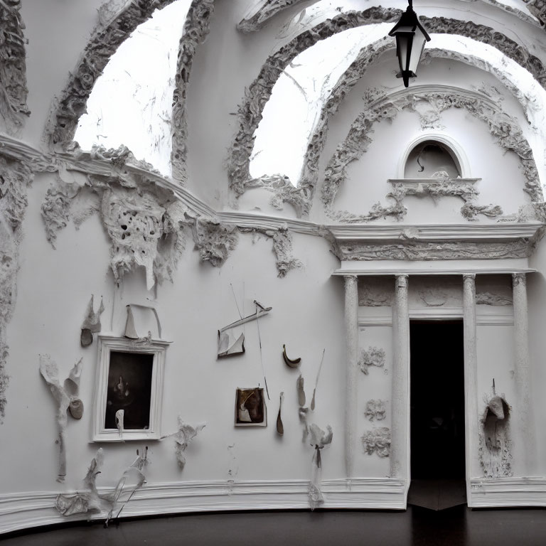 Ornate white reliefs and artworks in Baroque-style interior