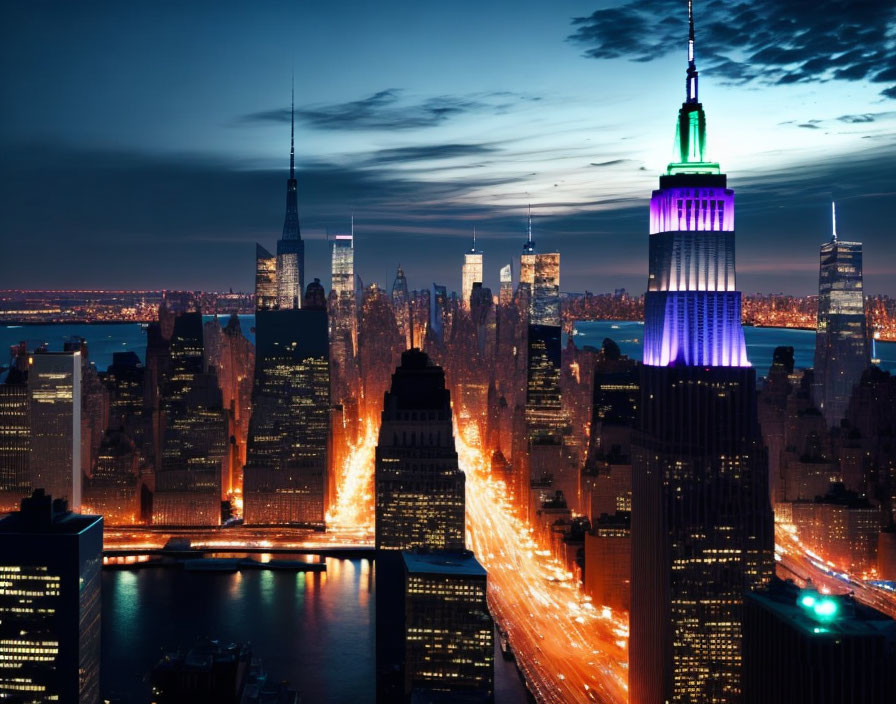 Twilight cityscape of New York with illuminated skyscrapers