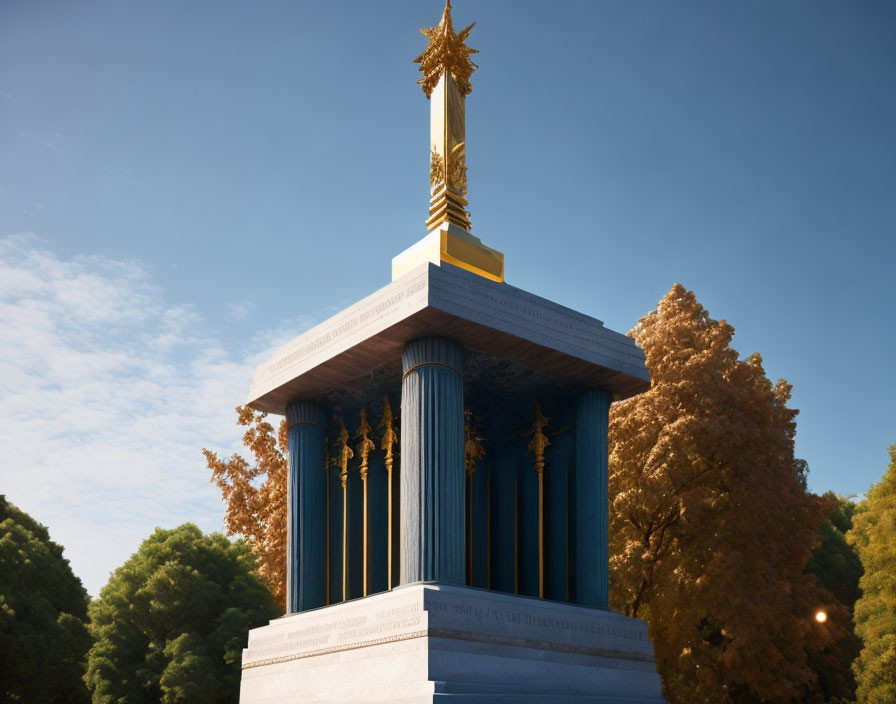 Golden statue on tall column surrounded by black pillars against blue sky with autumn trees.