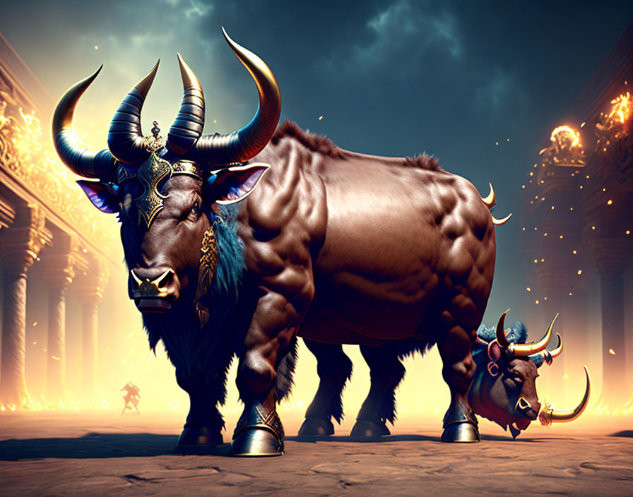 Mythical bulls with ornate horns and armor in torch-lit corridor