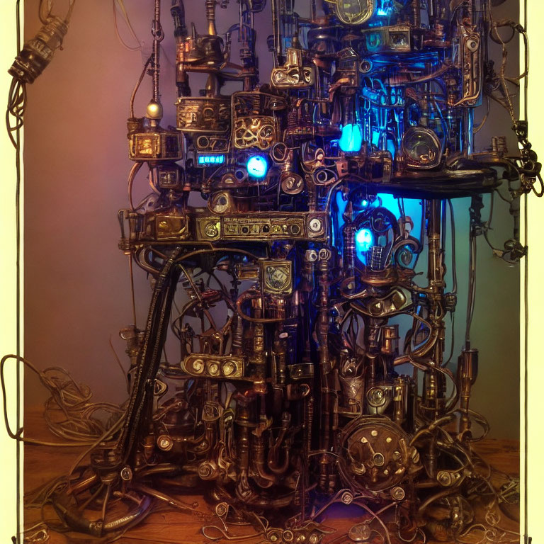 Intricate Steampunk-Inspired Sculpture with Metallic Parts and Blue Accents