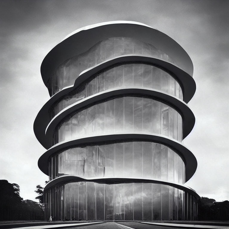 Modern multi-tiered cylindrical building in black and white with reflective glass facade and trees under cloudy sky