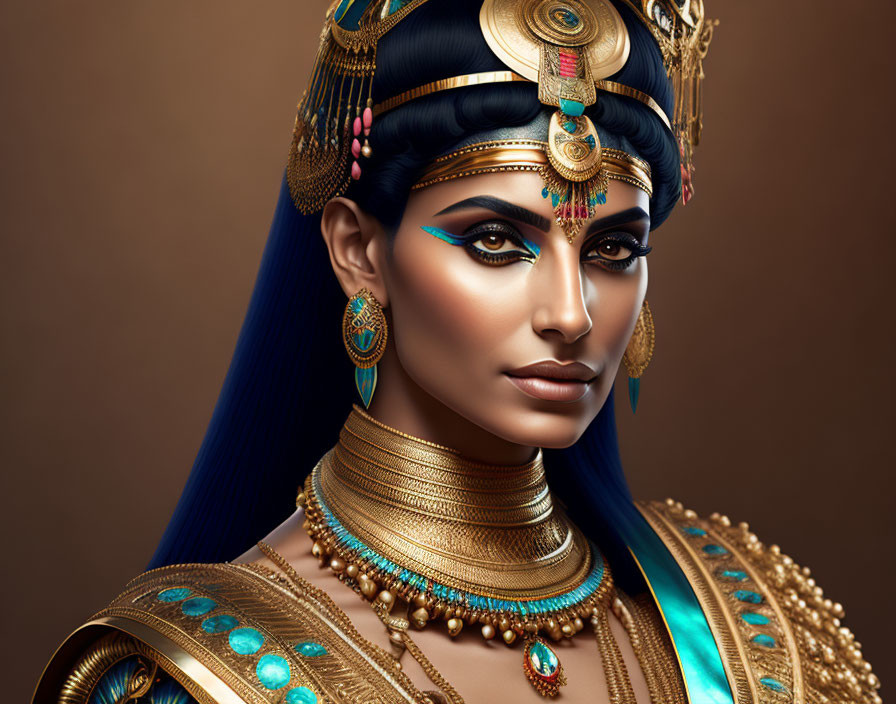 Egyptian queen illustration with elaborate jewelry and headdress on brown background