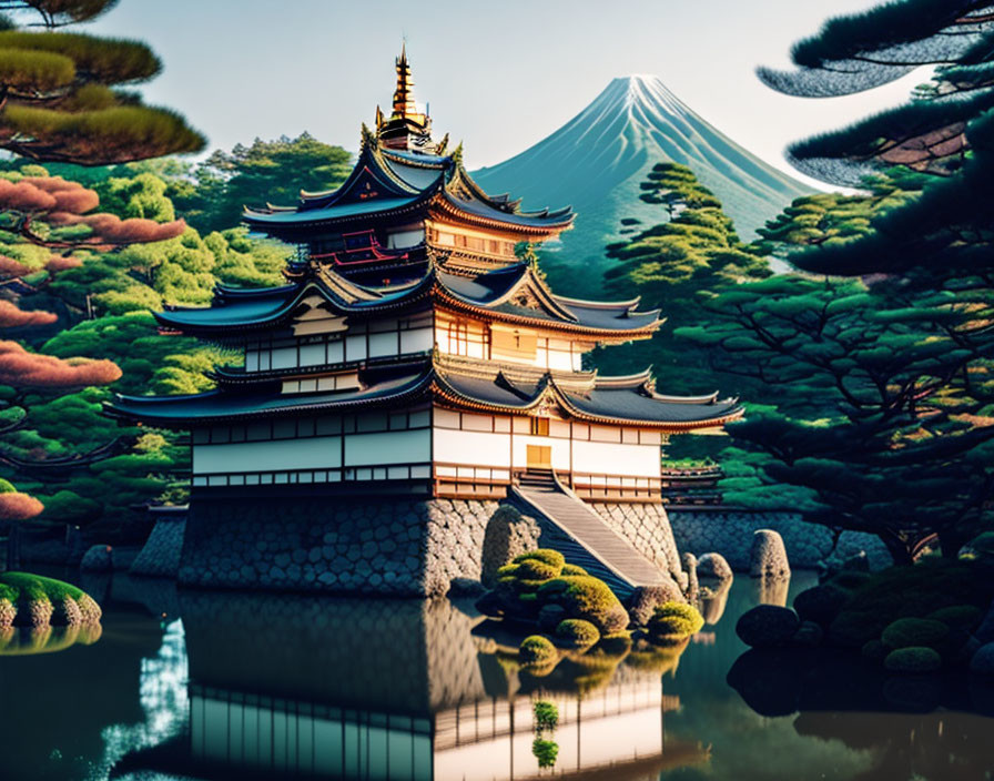 Japanese Pagoda with Mount Fuji and Pond in Pine Forest