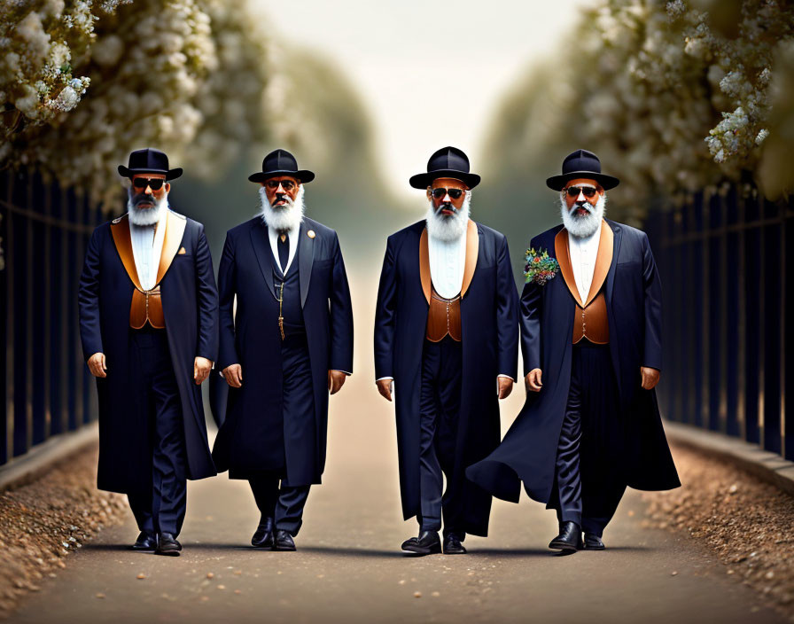 Four Men in Traditional Attire Walking Down Tree-Lined Path