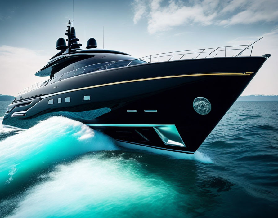 Luxury black yacht sailing on blue ocean waves