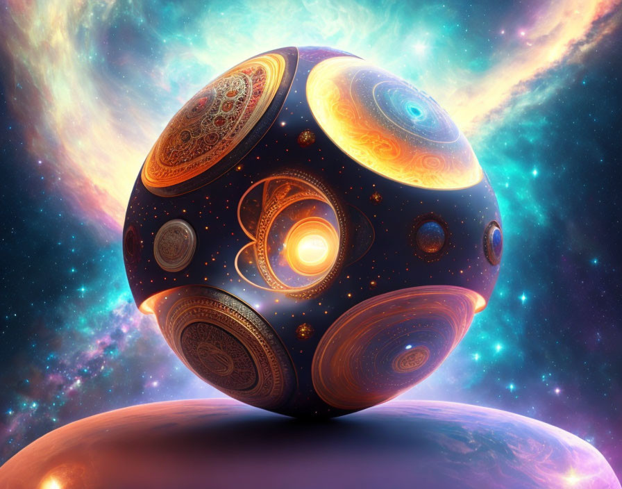 Intricate cosmic sphere with glowing centers in vibrant nebula