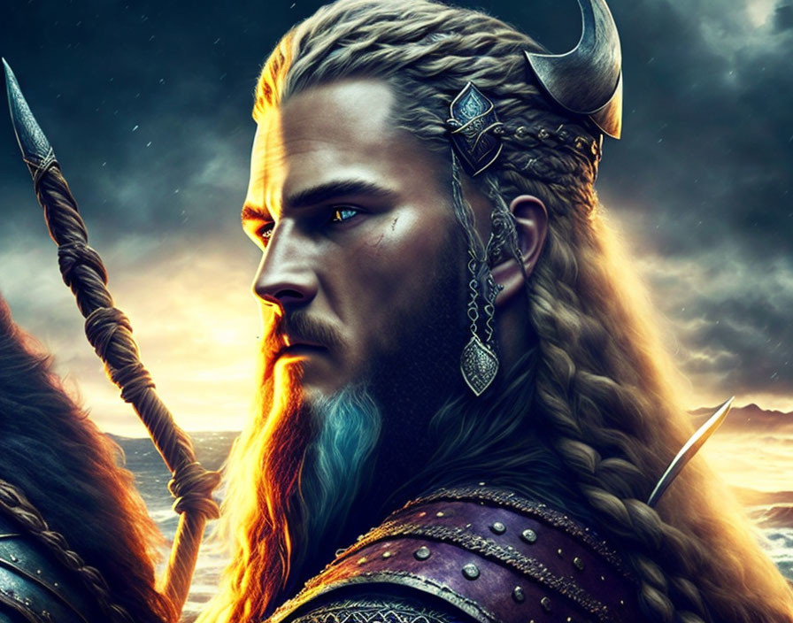 Digital artwork of Viking warrior with braided beard and horned helmet against dramatic sky