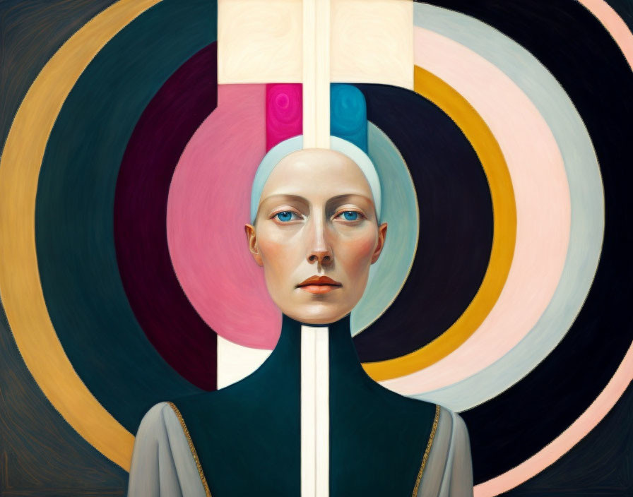 Surreal portrait with serene expression and abstract geometric shapes