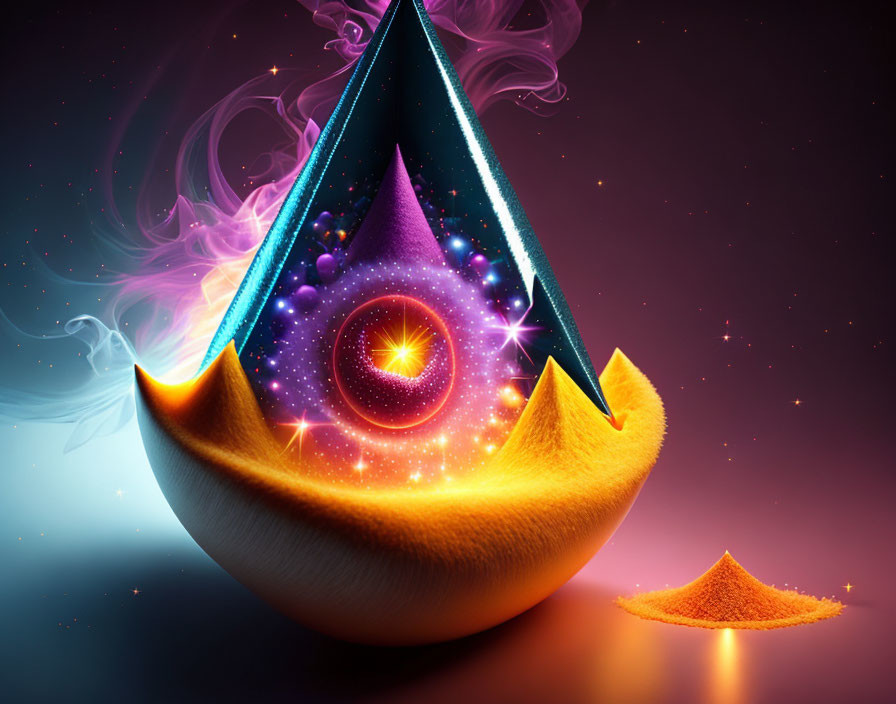 Colorful sliced orange with liquid drop and cosmic scene containing stars and glowing eye.