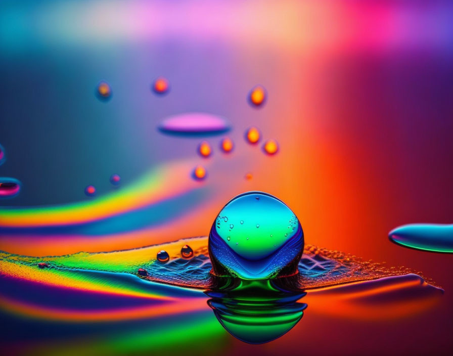 Colorful Water Droplet Scene with Reflective Surfaces and Rainbow Gradient Background