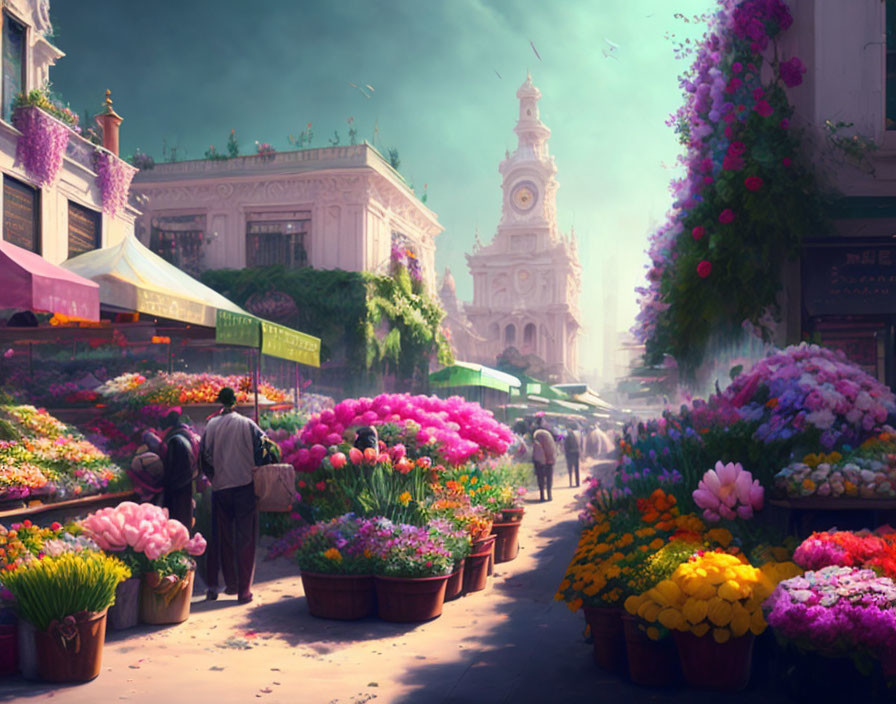 Vibrant flower market with clock tower and classical architecture