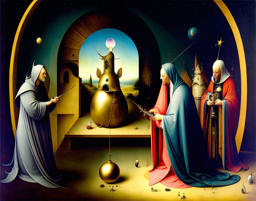 Surreal painting of robed figures with geometric shapes in archway