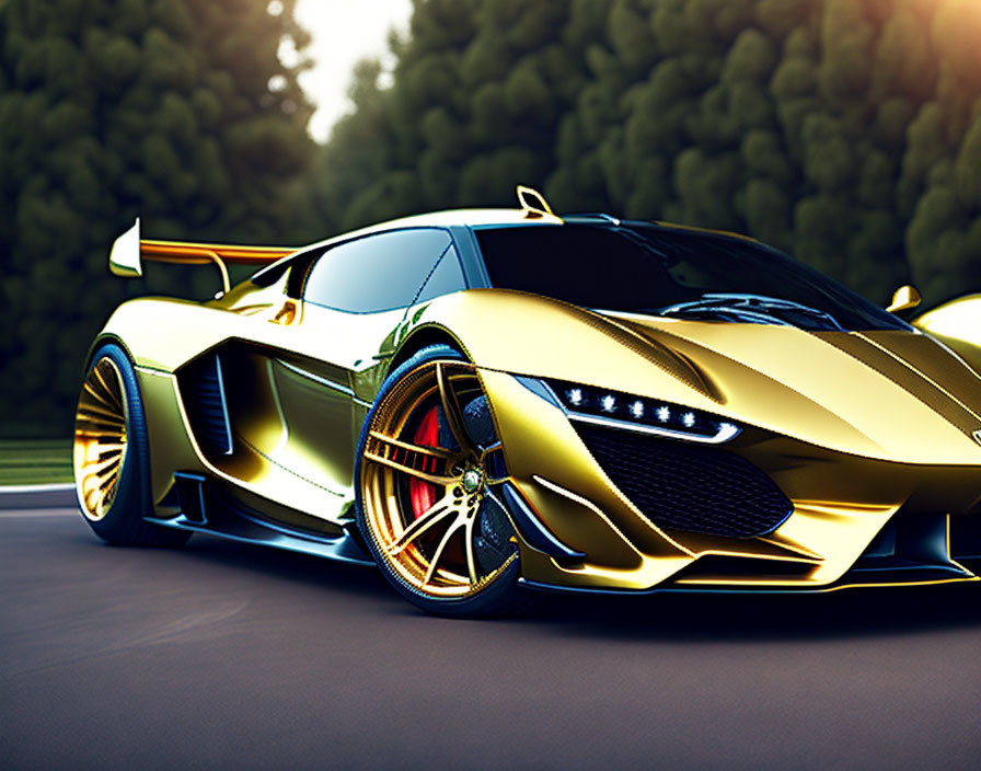 Luxurious Golden Supercar with Aerodynamic Design and LED Headlights