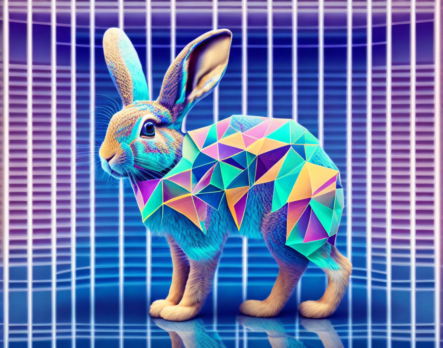 Geometric Multicolored Rabbit Art on Neon Grid Background