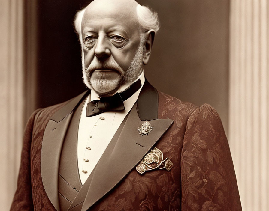 Elderly man in formal attire with bow tie, medal, and lapel pin