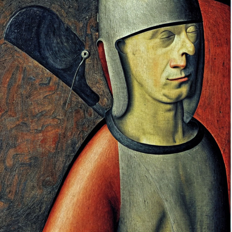 Medieval helmet-wearing man on textured background
