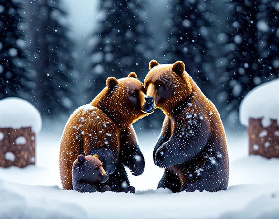 Adult bears affectionately with cub in snowfall