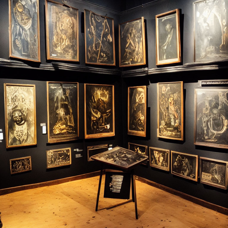 Dark-walled art gallery room with framed artworks and central information stand