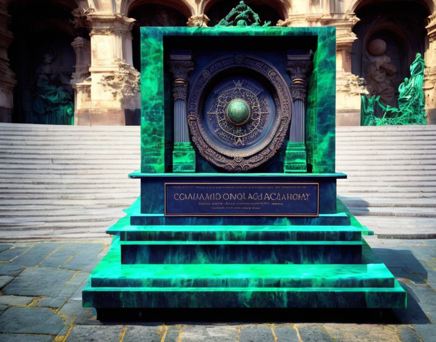 Circular green and black artifact with inscrutable inscription on pedestal against architectural backdrop