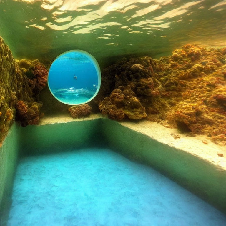 Circular window frames diver in clear blue tropical waters