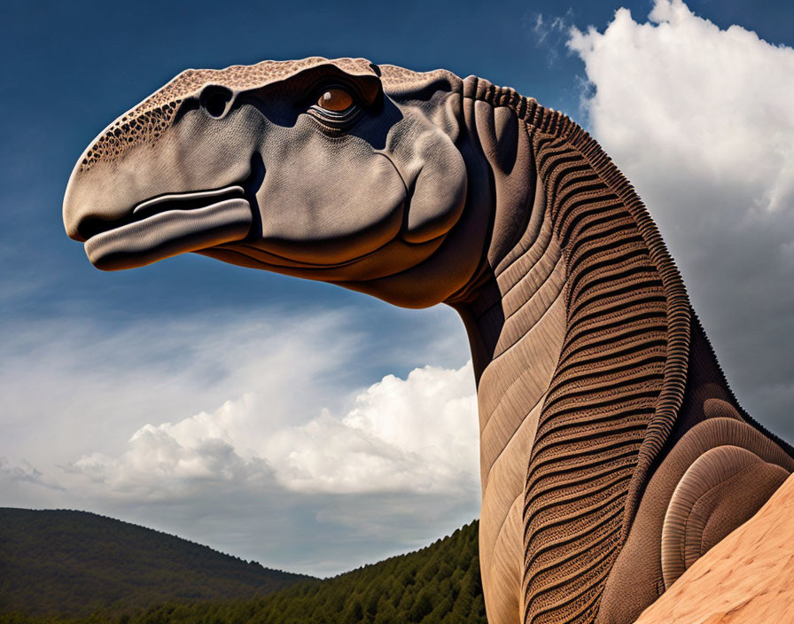 Hyper-realistic dinosaur head and neck sculpture with intricate skin detail against blue sky and clouds