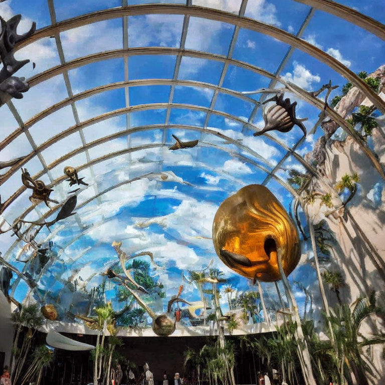 Dome with sky and sea life mural, sculptures of marine creatures and humans, golden shell centerpiece,