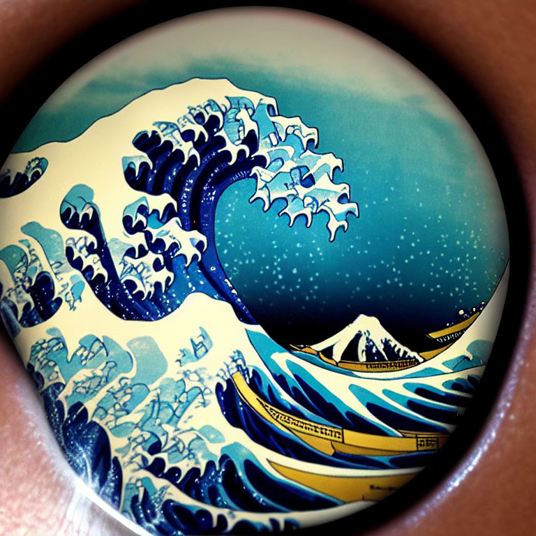 Detailed depiction of deep blue ocean waves and Mount Fuji in "The Great Wave off Kanagawa