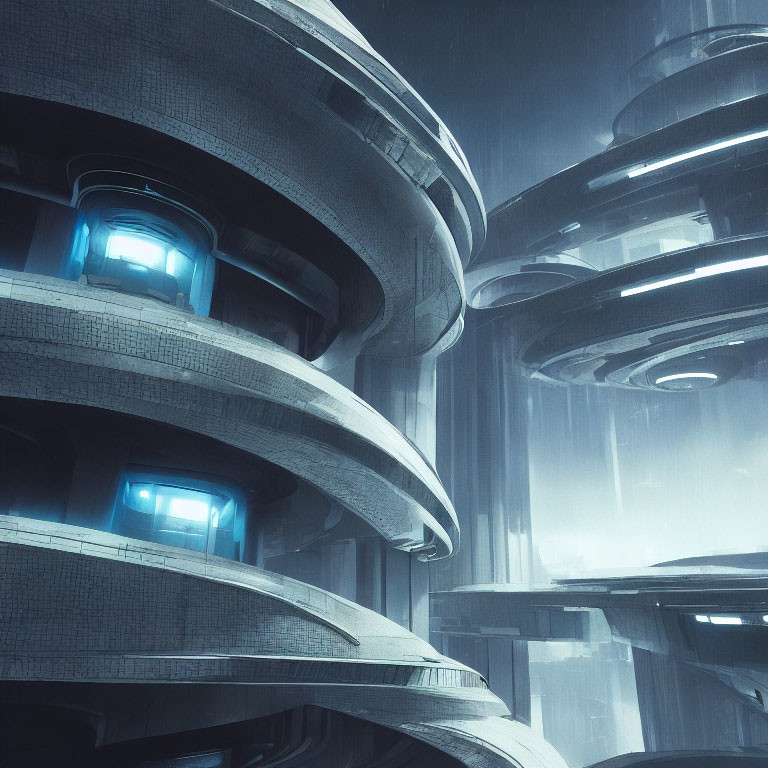 Futuristic cylindrical buildings with glowing blue windows in misty rain