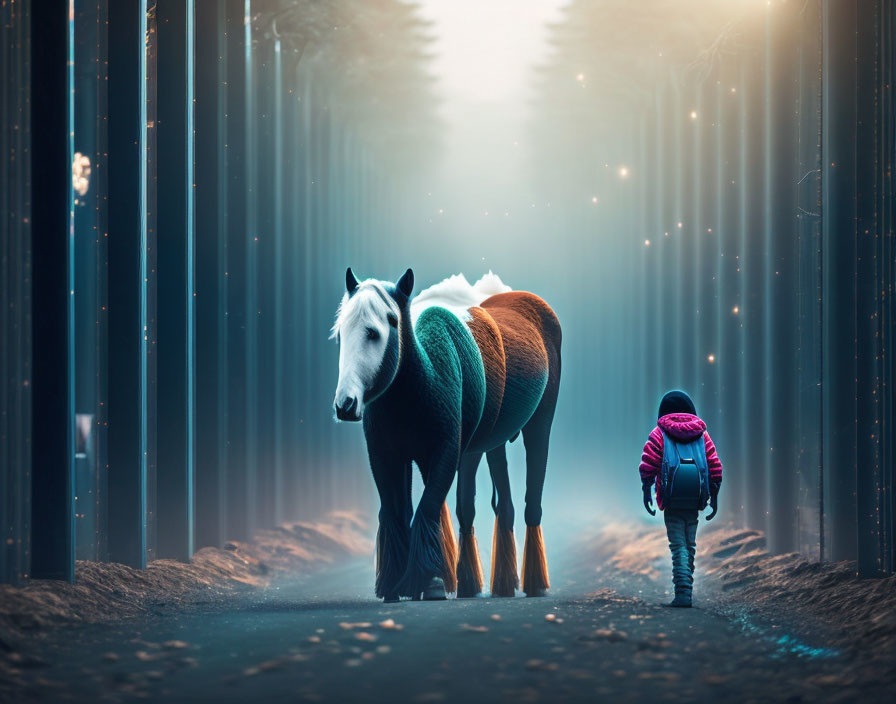 Child walking with horse in mystical forest under ethereal light